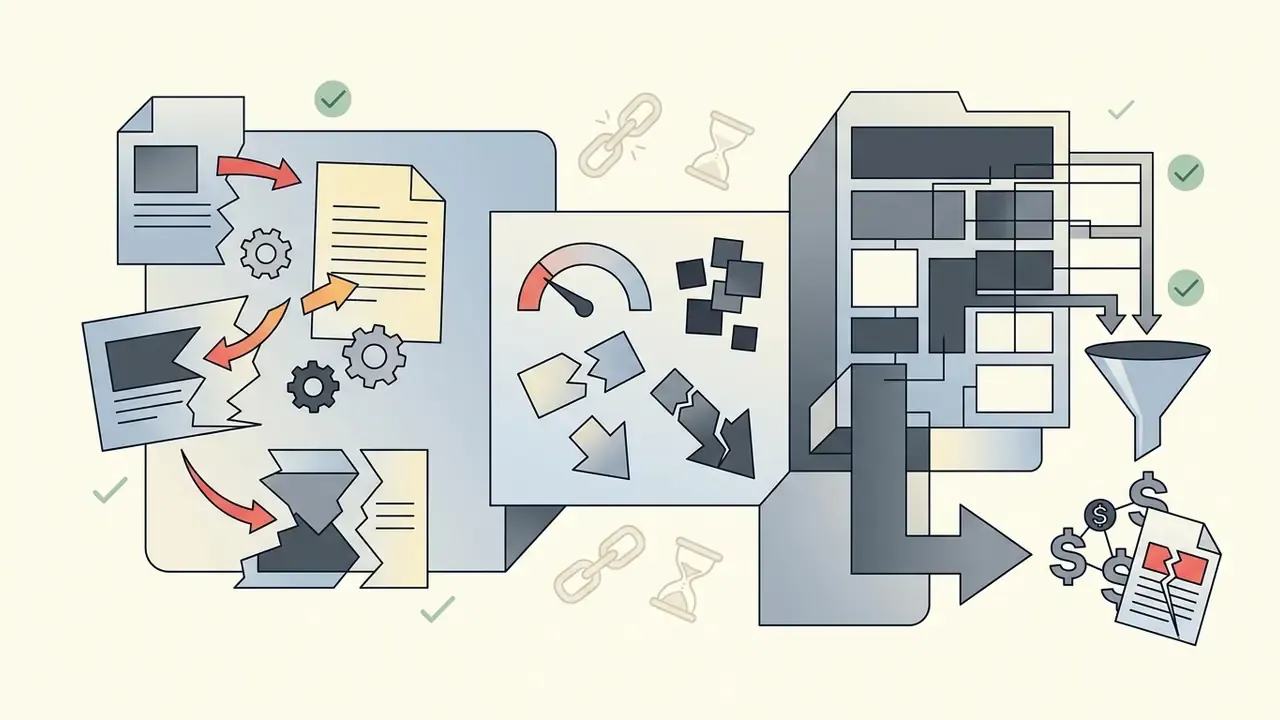 Flowchart showing document processing issues and billing complexities in the Gamma AI presentation maker