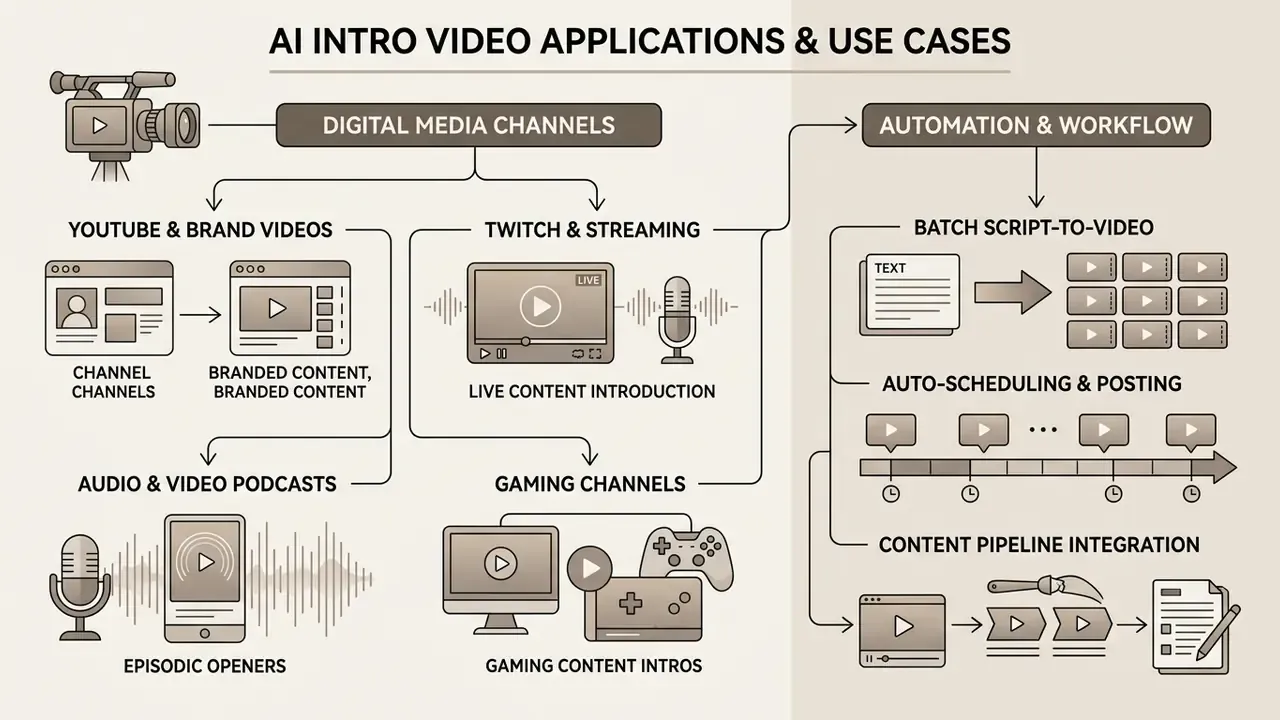 Diagram showing various digital media channels and automated workflows for video content production