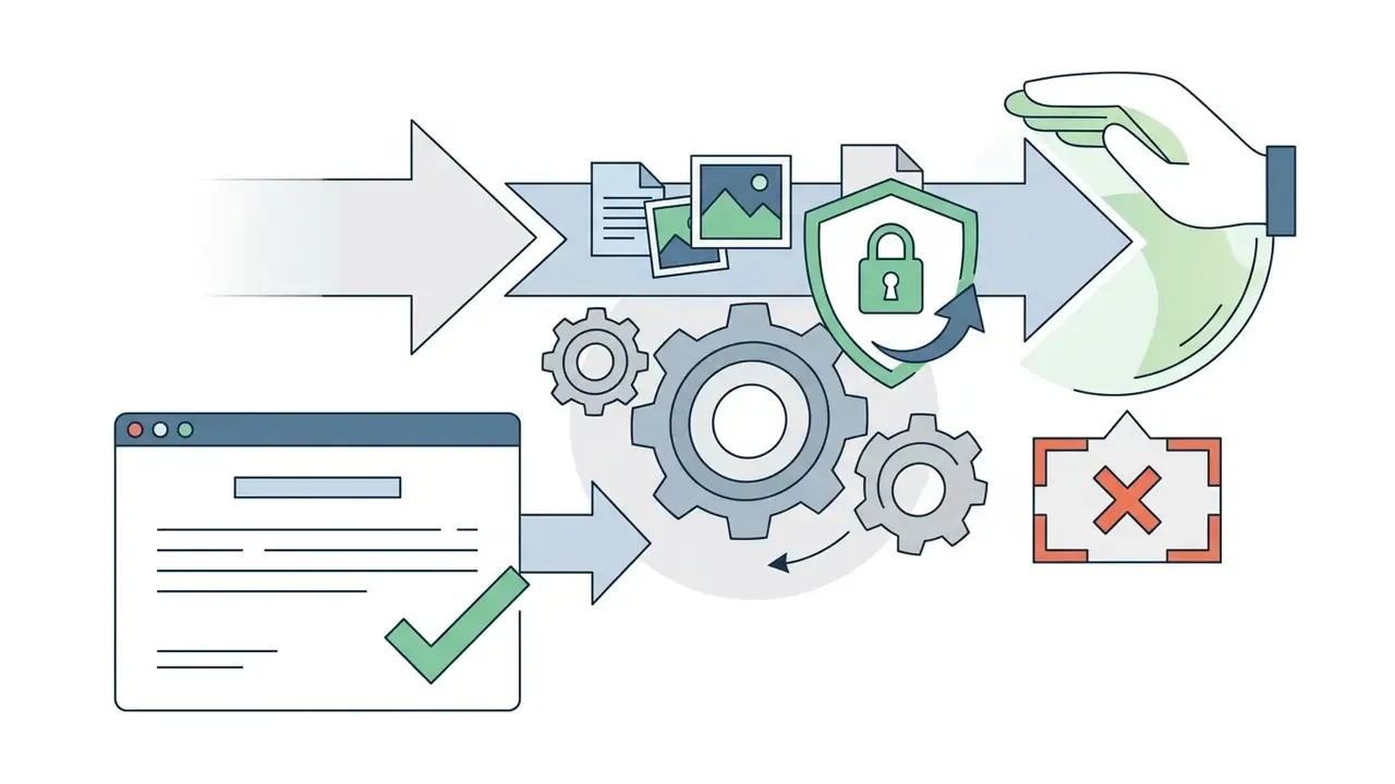 Documents and images moving through a gear system protected by a shield icon under a hand
