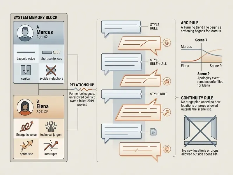 Diagram detailing character traits, relationship dynamics, and narrative rules for an AI script generator
