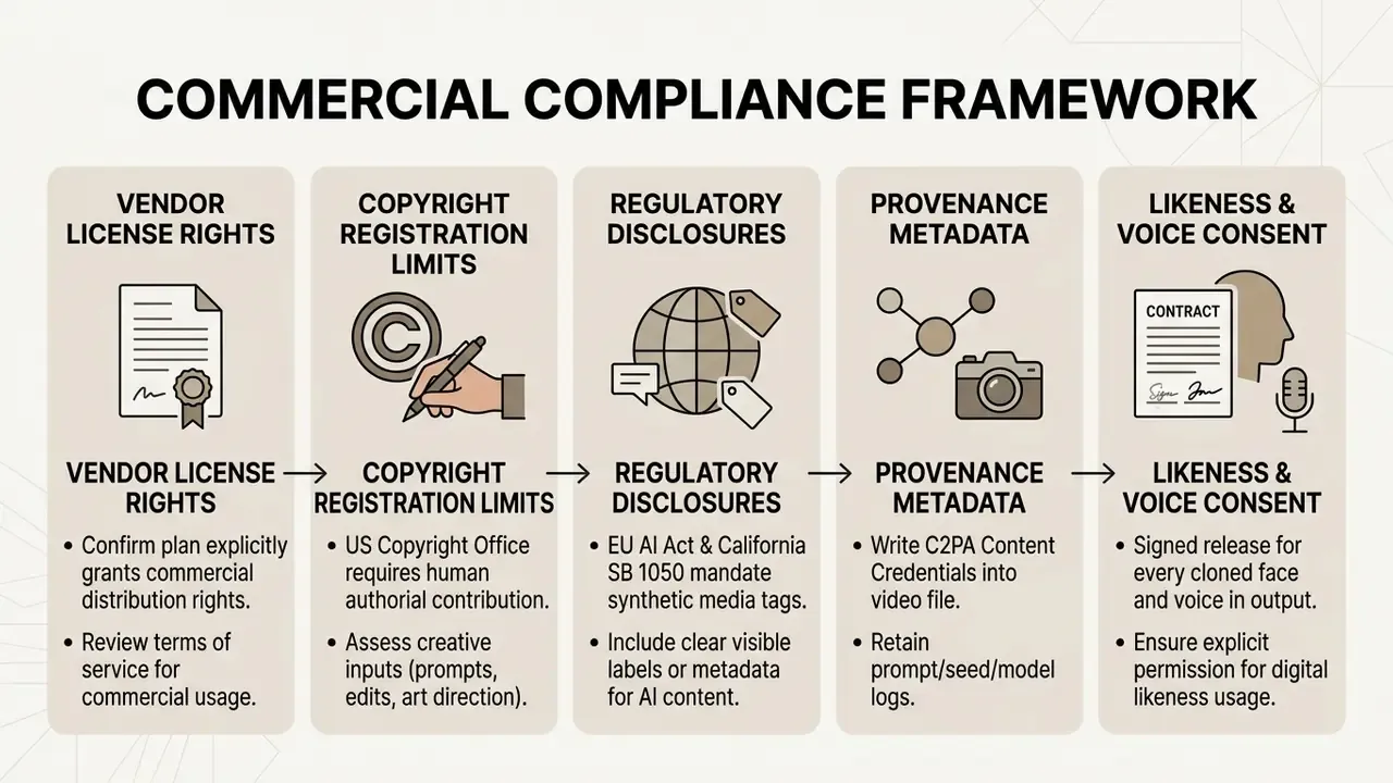 Five-step workflow outlining requirements for commercial video compliance including licenses and consent