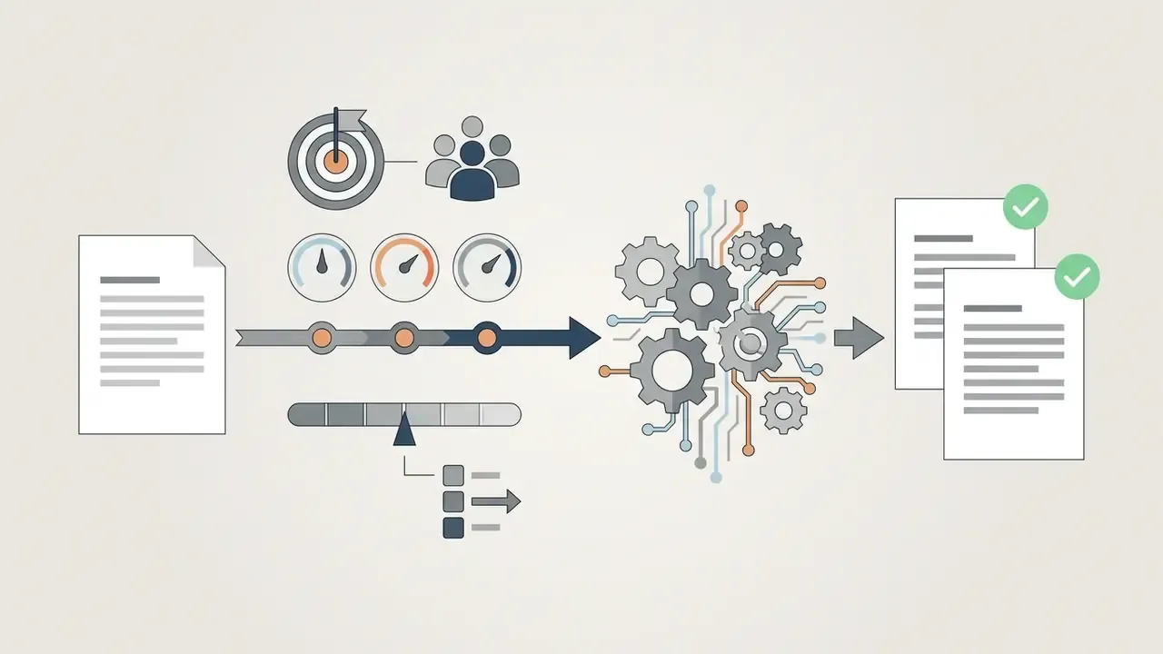 Single file passing through target, audience, and gauge metrics into a gear system for final output