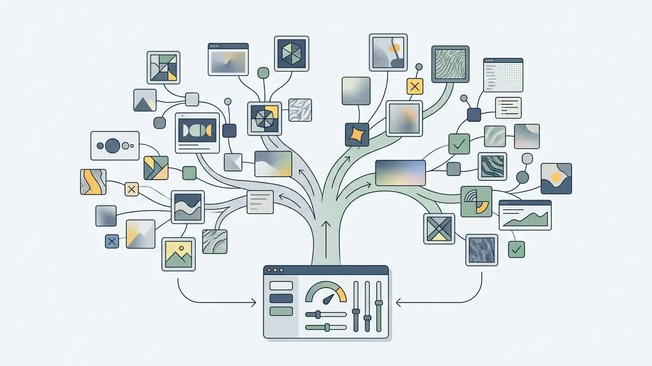 Tree structure branching from a control interface into numerous diverse AI art generation samples