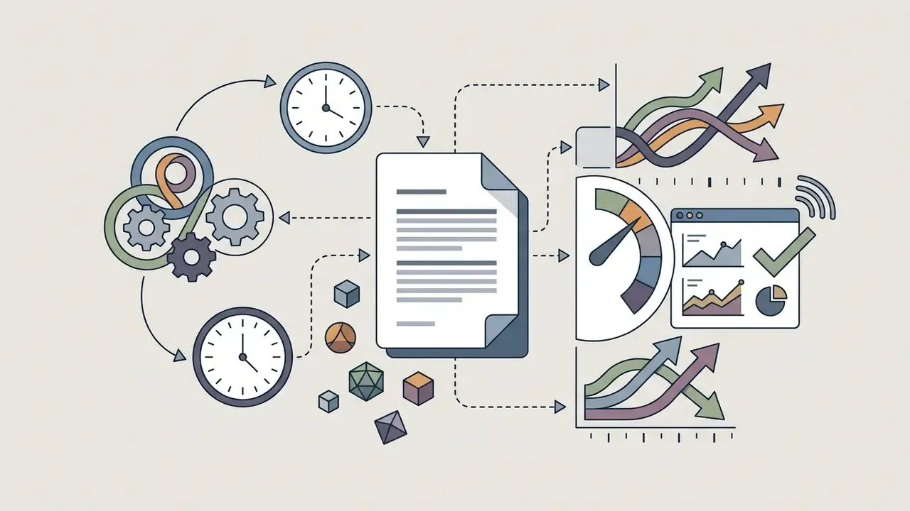 Document linked to gears, clocks, and data charts showing performance trends and gauge measurements