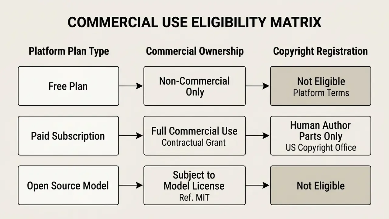 Table comparing platform plan types with commercial ownership rights and copyright registration status