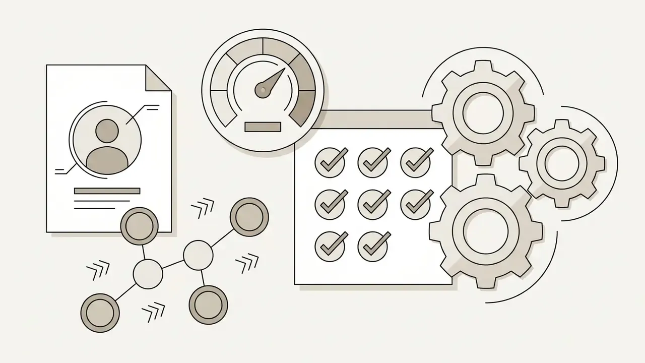 Icons of a document, speedometer, checklist, and interlocking gears representing professional workflow