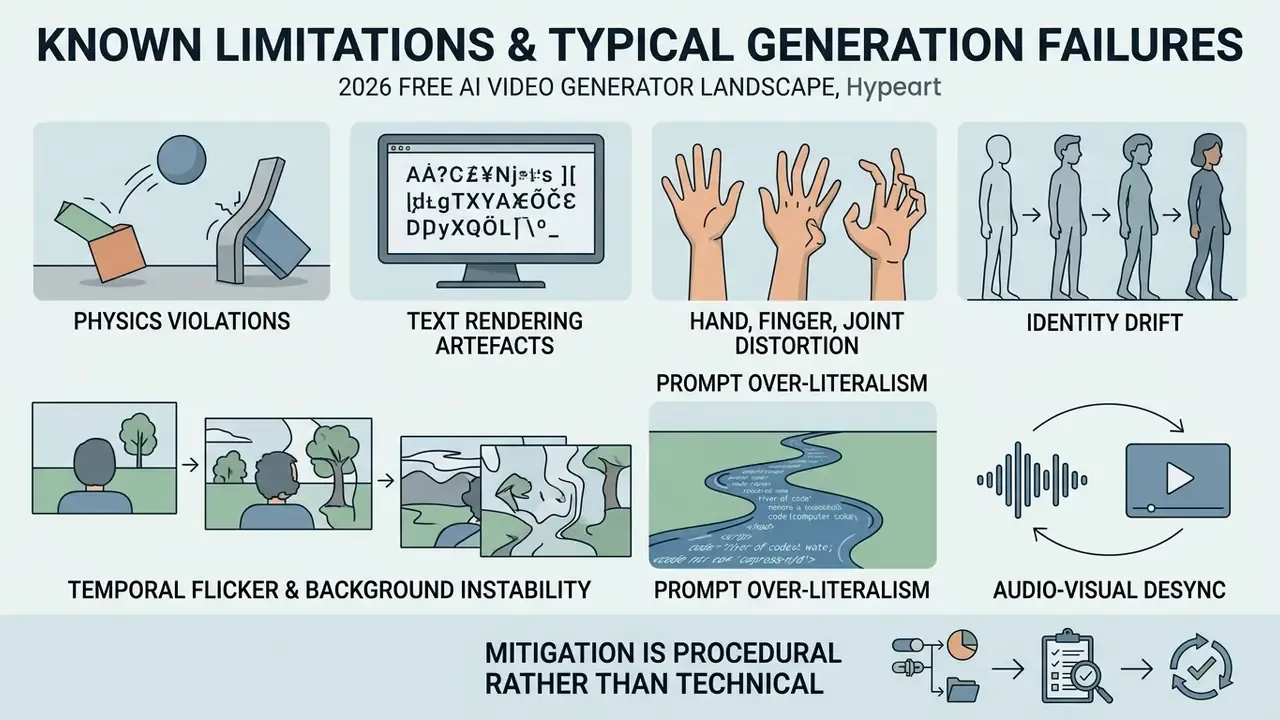 Grid of icons illustrating common technical failures like physics violations, distorted hands, and audio desync