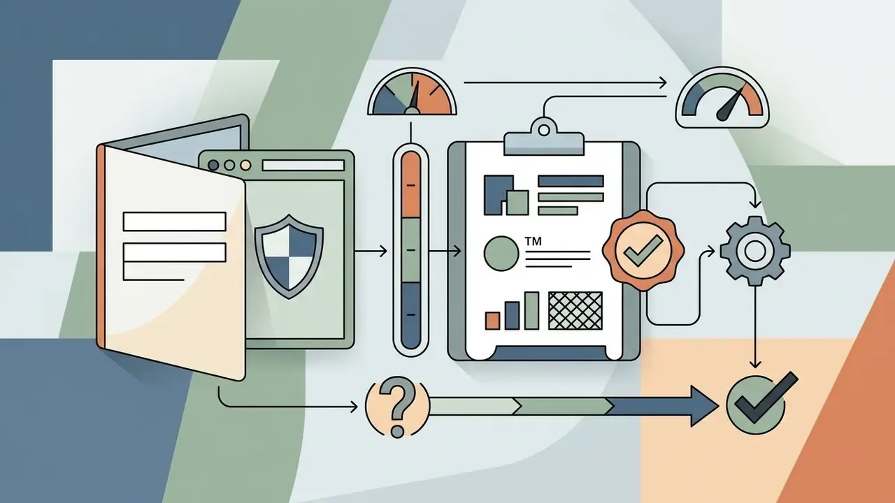 Documents and shield icons passing through a compliance gauge to a clipboard with approval stamps and gears