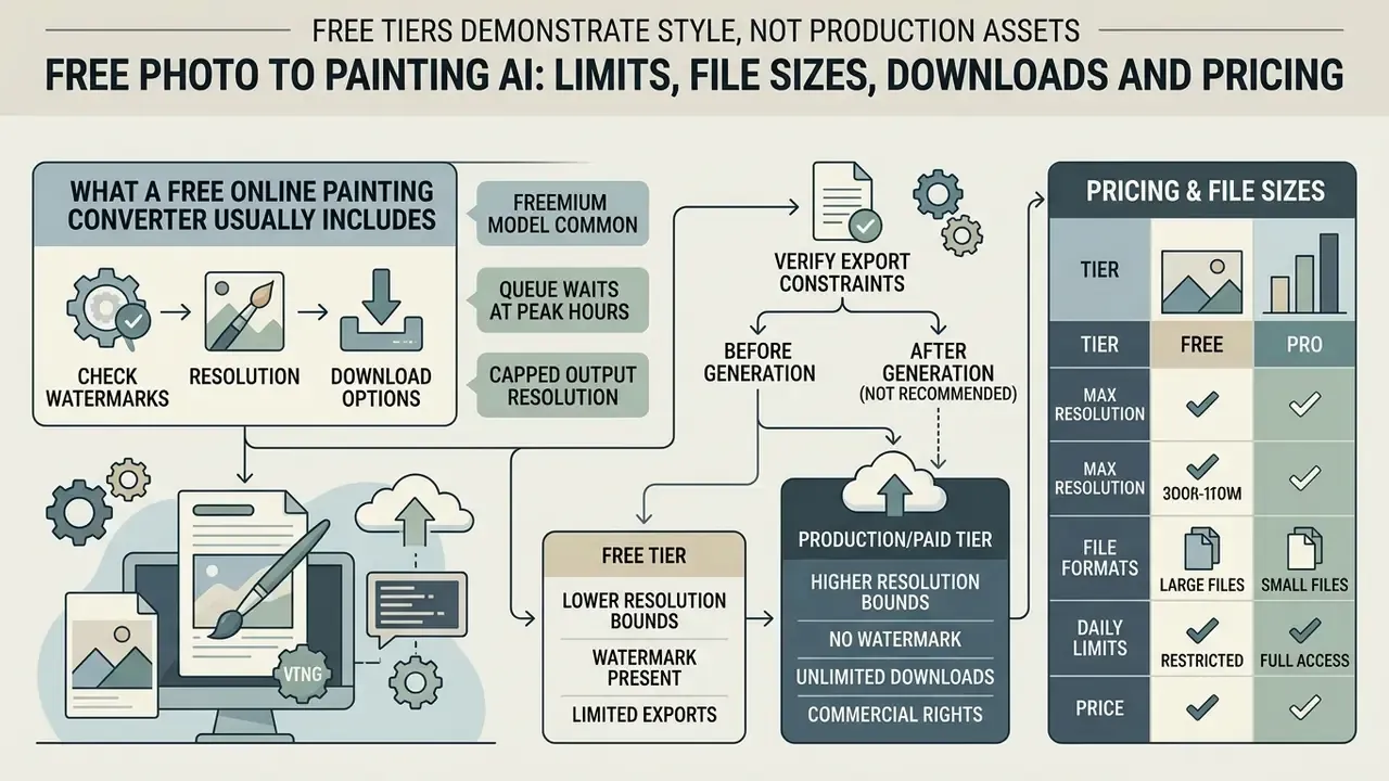 Comparison table and workflow showing constraints of free versus paid generative art software tiers