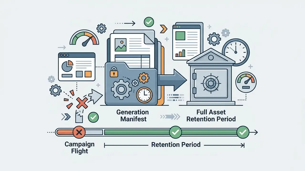 Folder with a generation manifest moving into a vault to represent long term asset retention