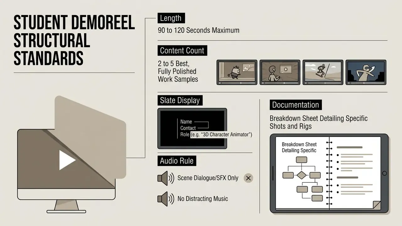 List of structural requirements for student animation reels including length, content, and documentation