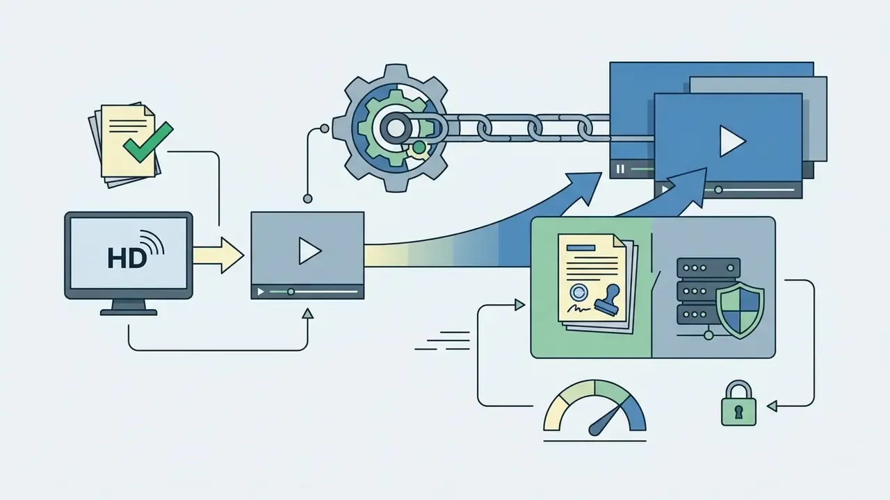 HD monitor and verified files feeding a gear engine to output video streams with server security