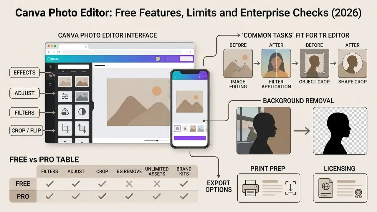 Annotated diagram showing the Canva Photo Editor interface and common image editing tasks
