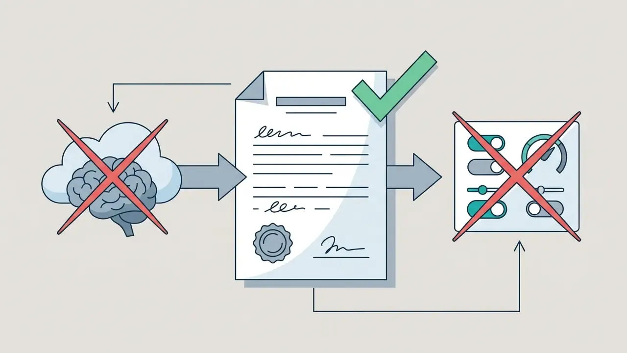 Document with a checkmark connecting a brain cloud icon to a crossed-out settings panel