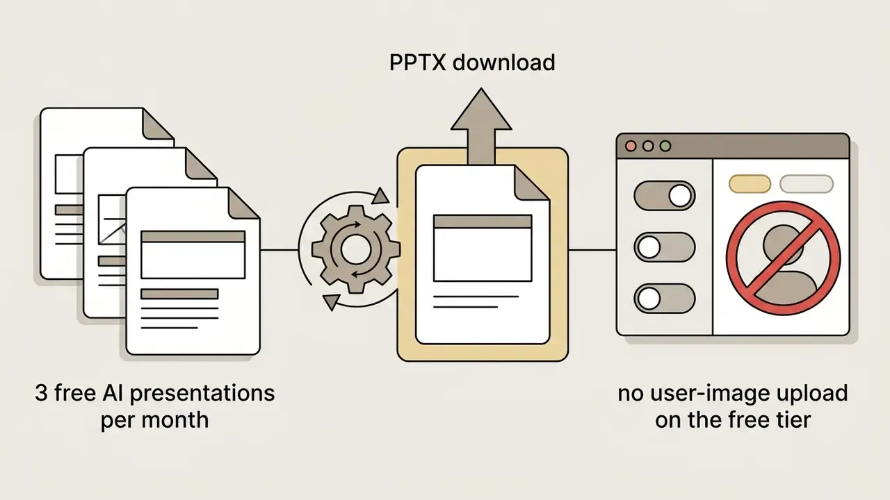 Workflow showing three monthly presentation credits, PPTX file export, and restricted image uploads