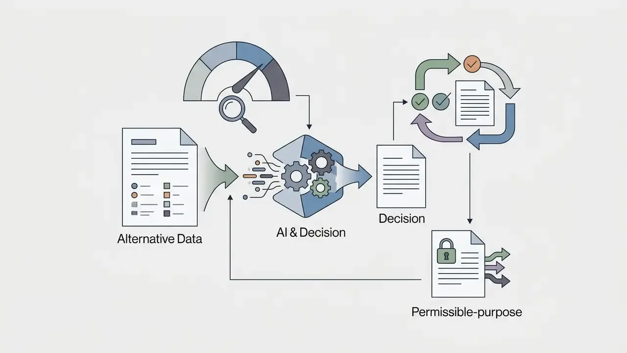System of alternative data inputs flowing through an AI processor to generate decisions and compliance checks