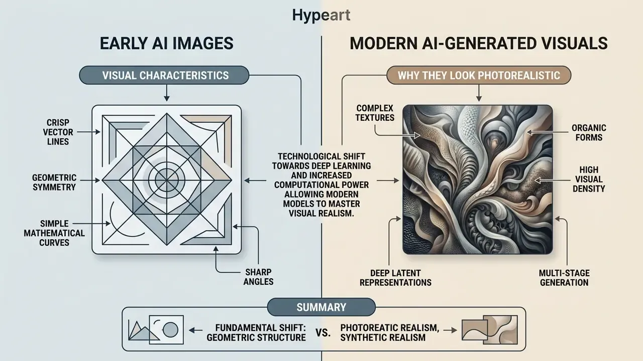 Infographic contrasting geometric early AI images with complex, organic modern AI-generated visuals