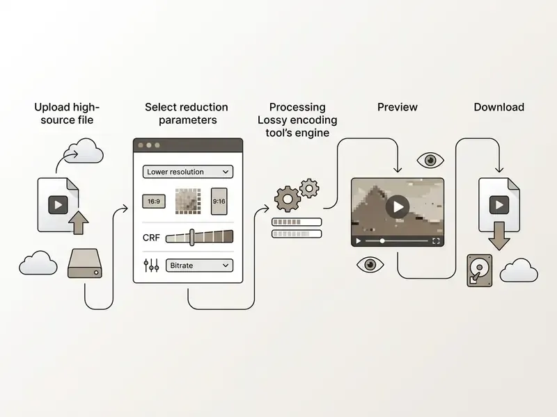 Flowchart depicting the steps to upload, configure, process, preview, and download a degraded video file