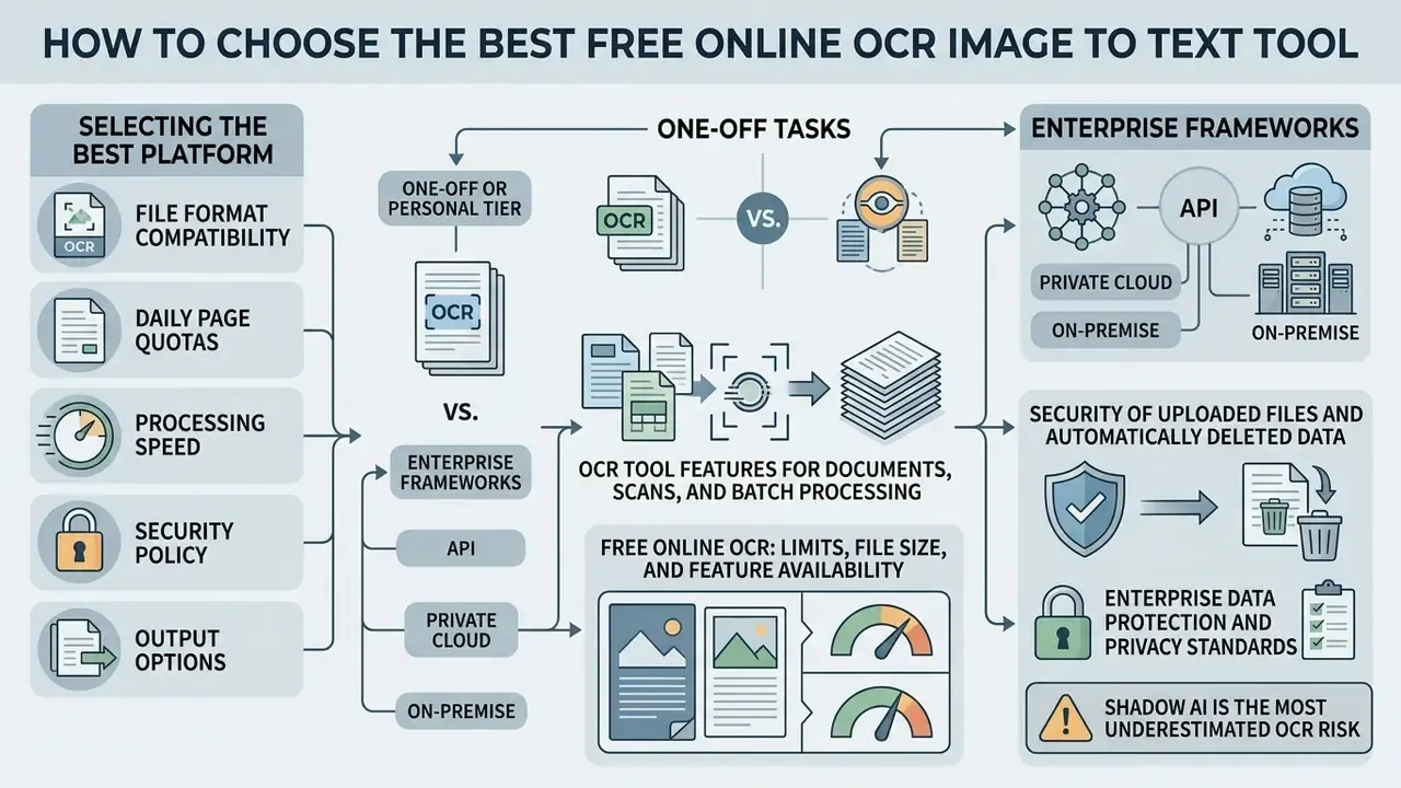 Comparison of personal versus enterprise OCR platforms including security, processing, and feature limits