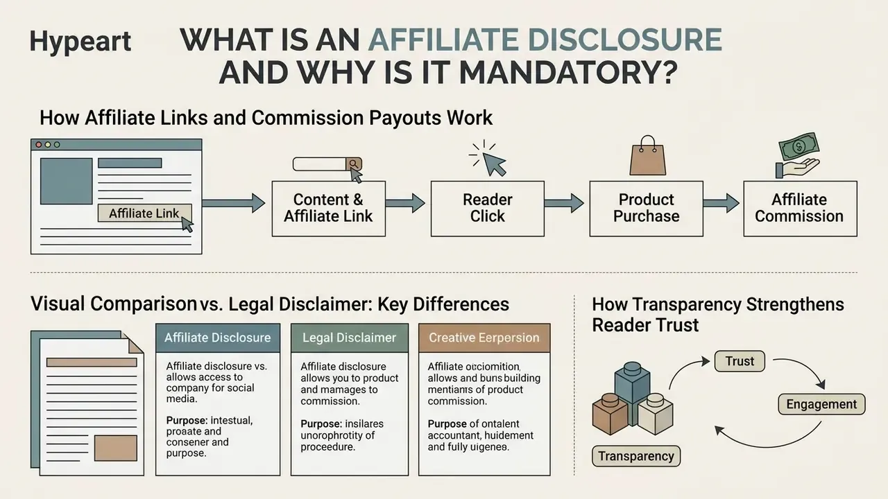 Flowchart showing the process from content and affiliate link to commission and affiliate disclosure