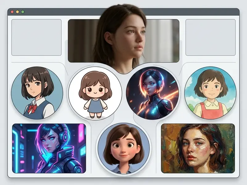 Collage of diverse ai art cute girl styles including anime, chibi, cyberpunk, and oil painting portraits