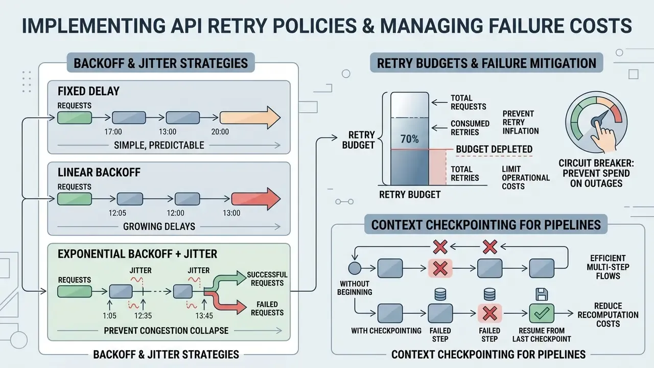 Visual guide comparing backoff patterns, retry budget management, and pipeline checkpointing techniques