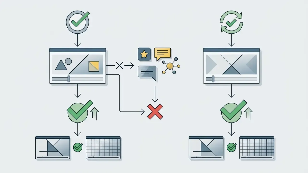 Comparison of editing workflows showing how premium assets lead to a blocked export versus standard edits