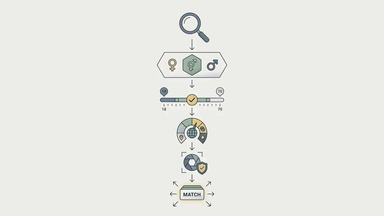 Magnifying glass icon leading to gender, age range, and camera detection settings for user matching