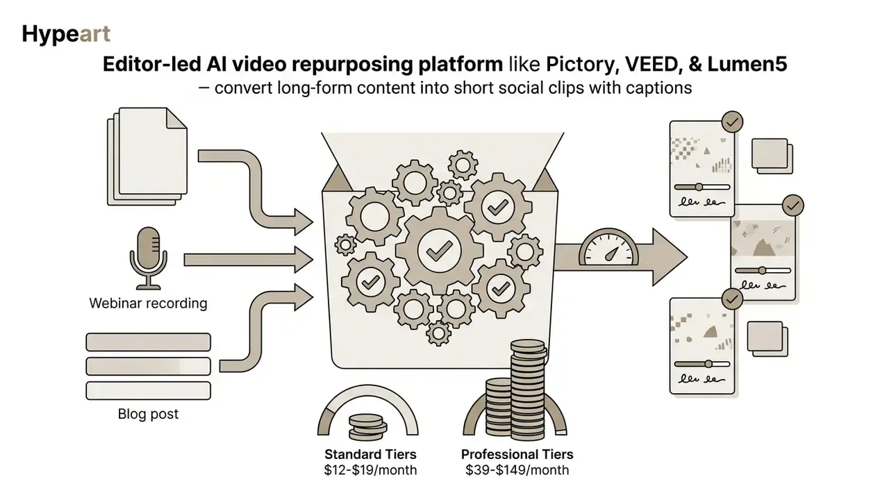 Documents and audio files feeding into a gear-driven processor that outputs short social video clips