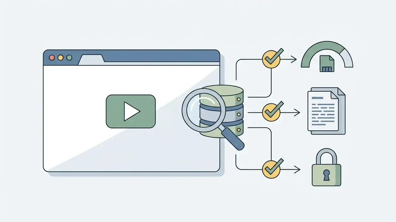 Magnifying glass over a database icon branching to storage, document, and security padlock symbols