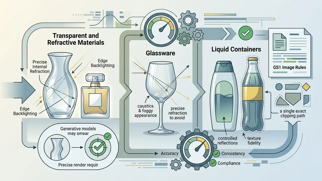Technical layout showing the refraction and edge backlighting requirements for transparent product photography