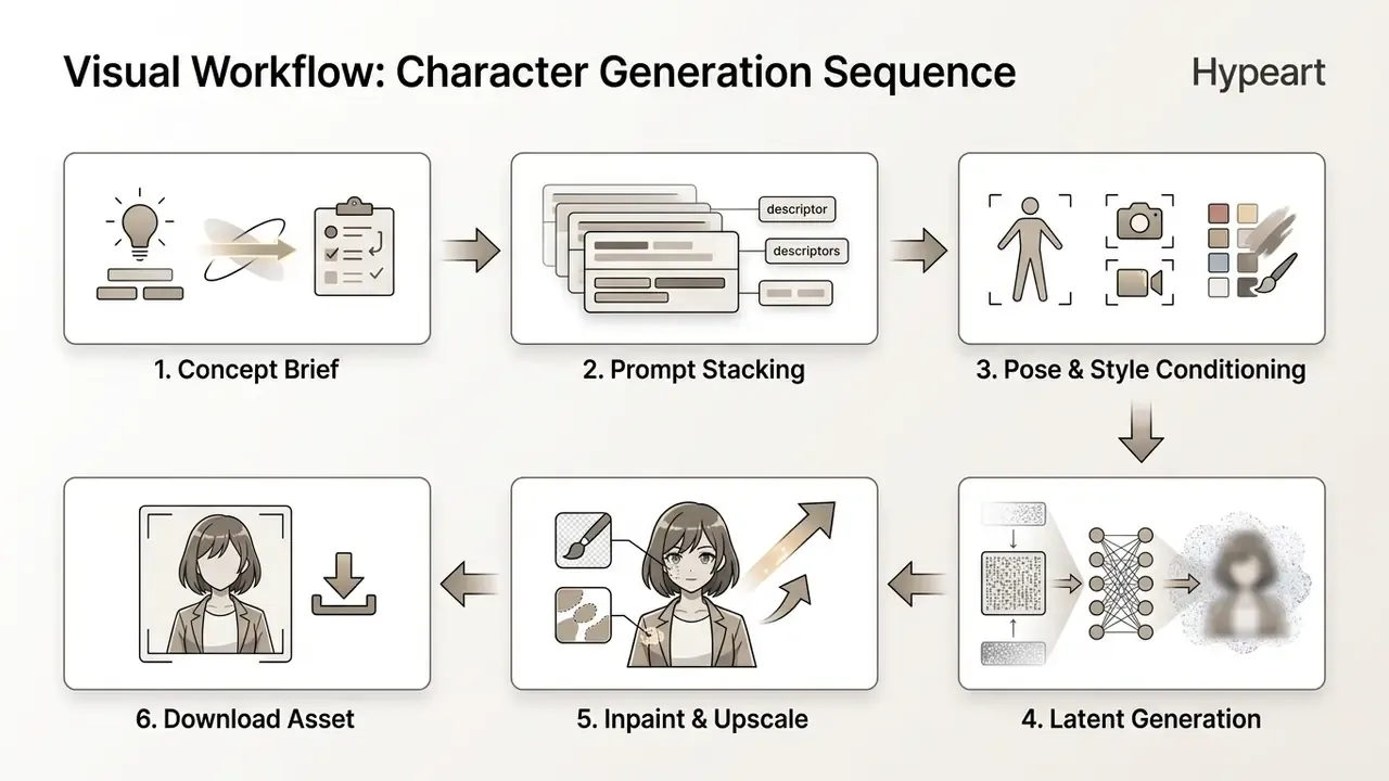 Six sequential steps showing the process of conceptualizing, prompting, and refining digital art