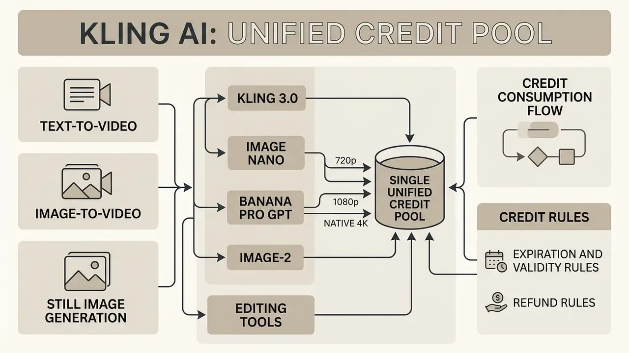 Diagram showing how various Kling AI generation tools draw from a single unified credit pool