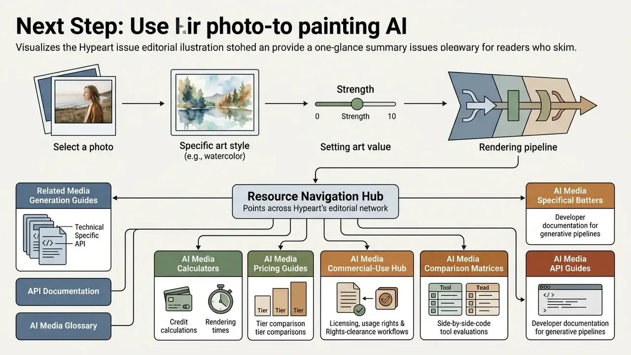 Sequence showing photo selection, style application, and a navigation hub for technical media resources