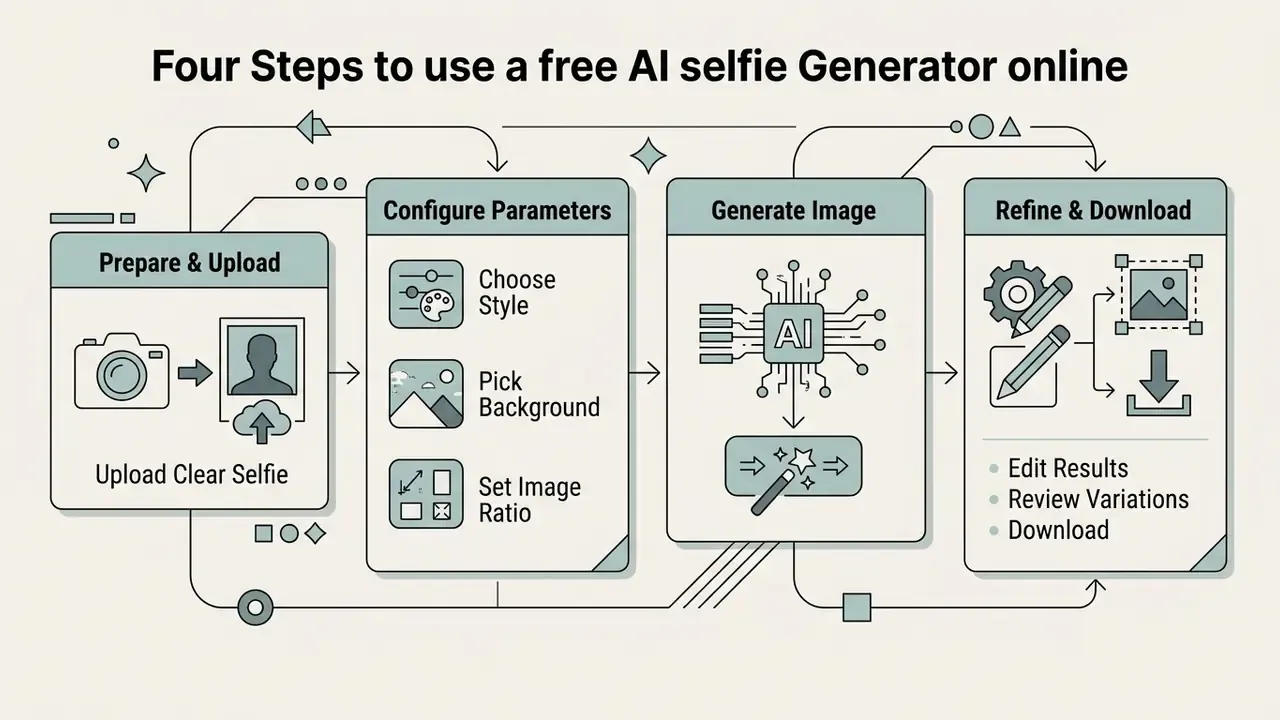 Four sequential steps for using a free AI selfie generator starting with photo upload and ending in download