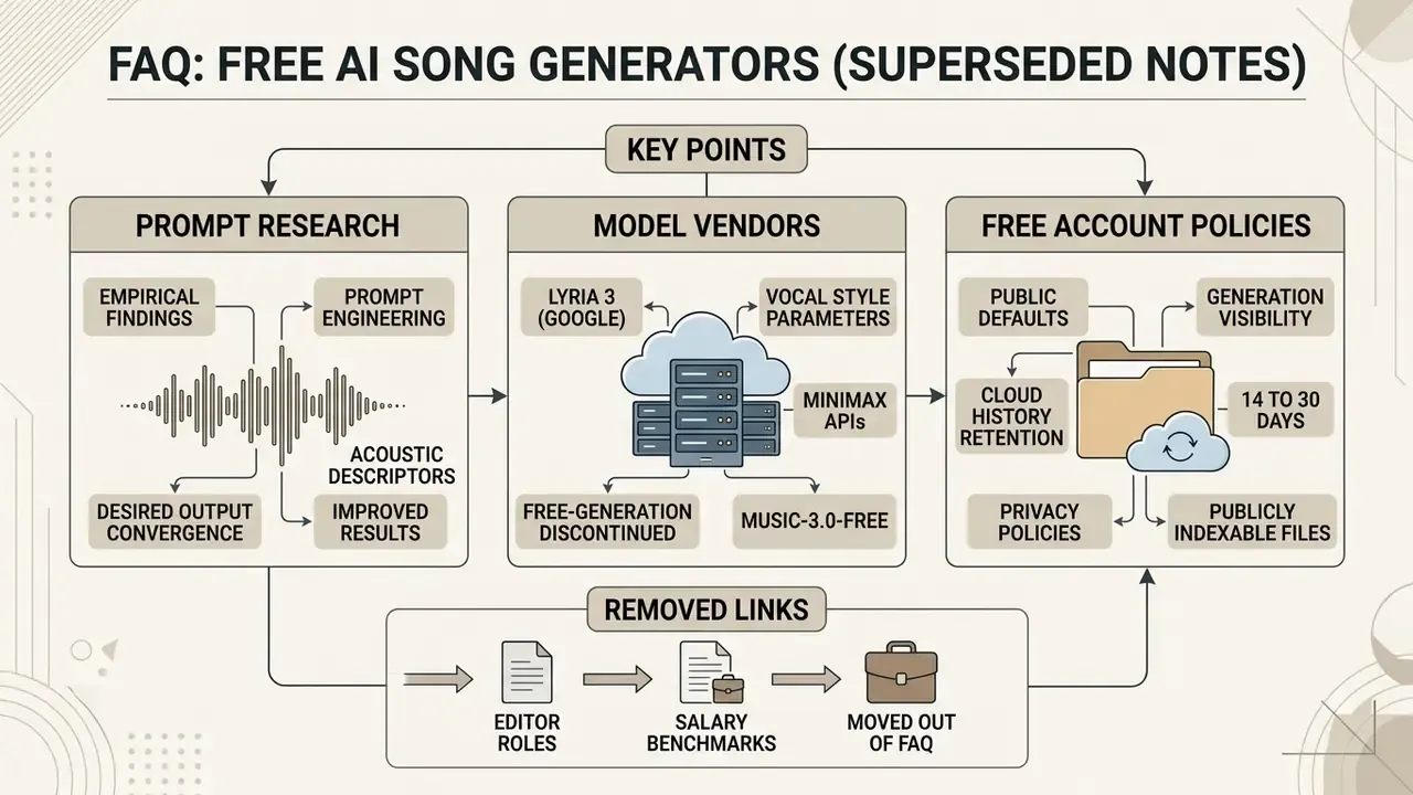 Diagram summarizing superseded research, model vendor data, and account policies for an AI song creator