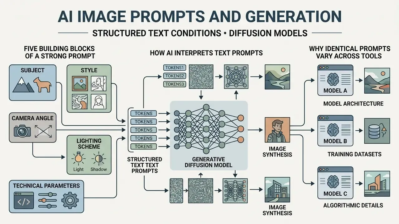 Diagram detailing how AI image prompts use structured text tokens to guide generative diffusion models