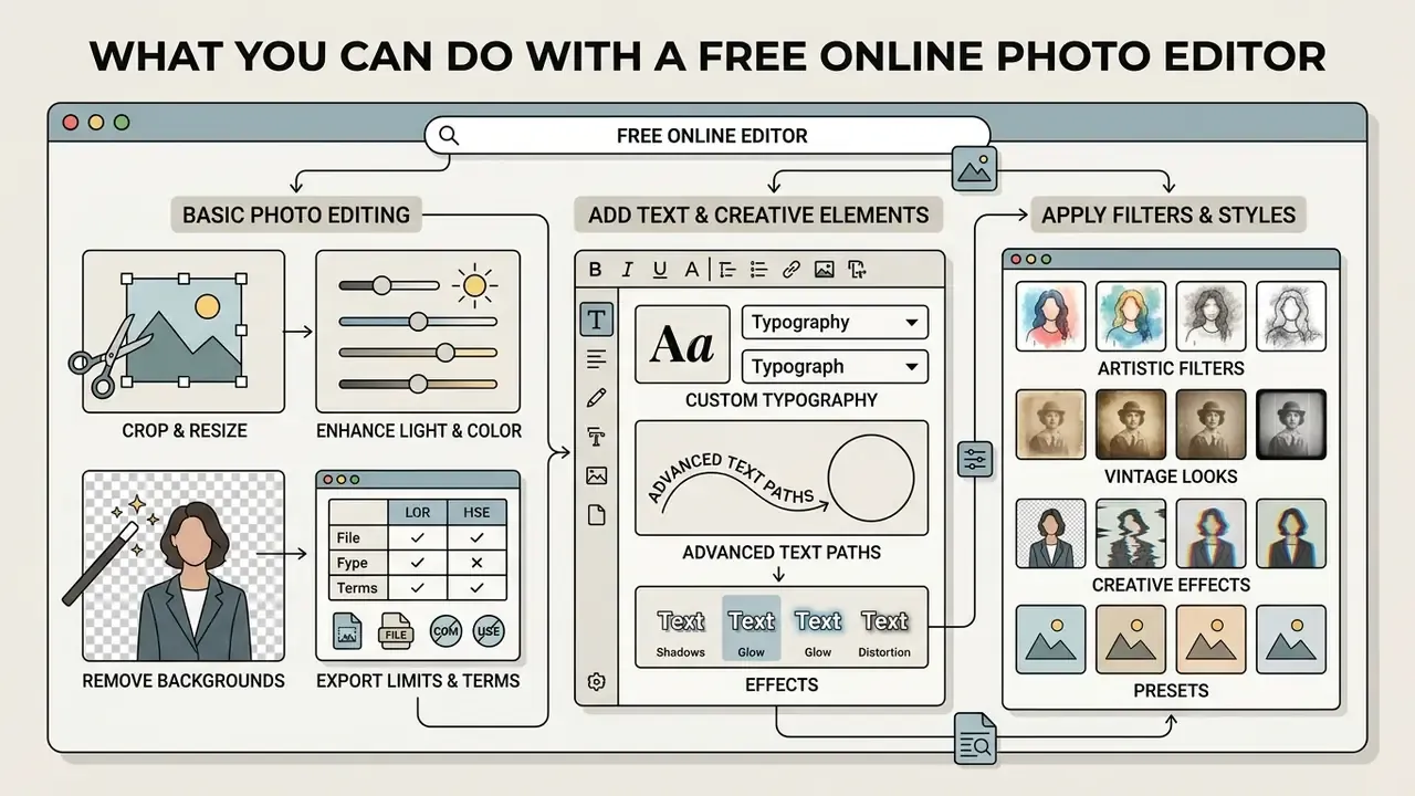 Infographic showing tools for cropping, adding creative text, and applying filters in a free photo editor