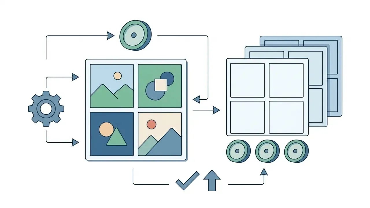 Gear icon and credit tokens circulating around a four-panel image grid and stacked empty frames