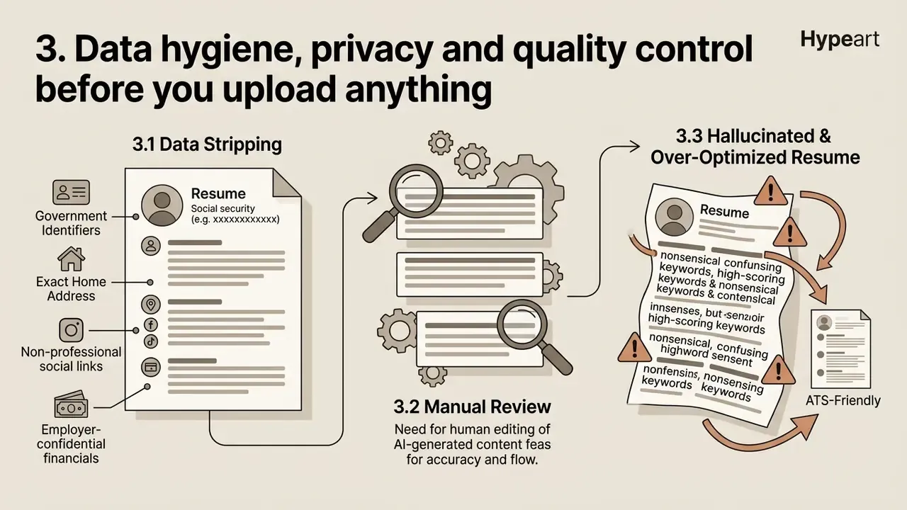 Infographic showing steps to remove sensitive data from a resume before manual review and AI editing