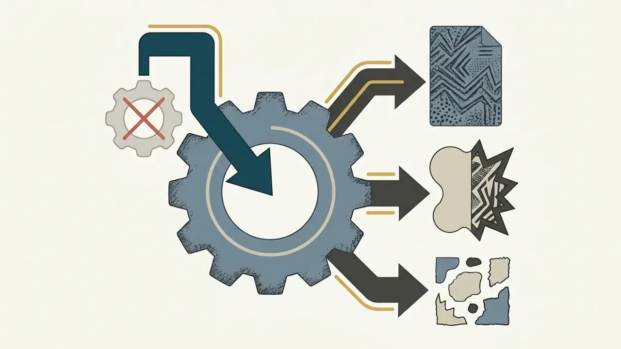 Gear system processing input into three distinct outputs with jagged textures and asymmetrical shapes