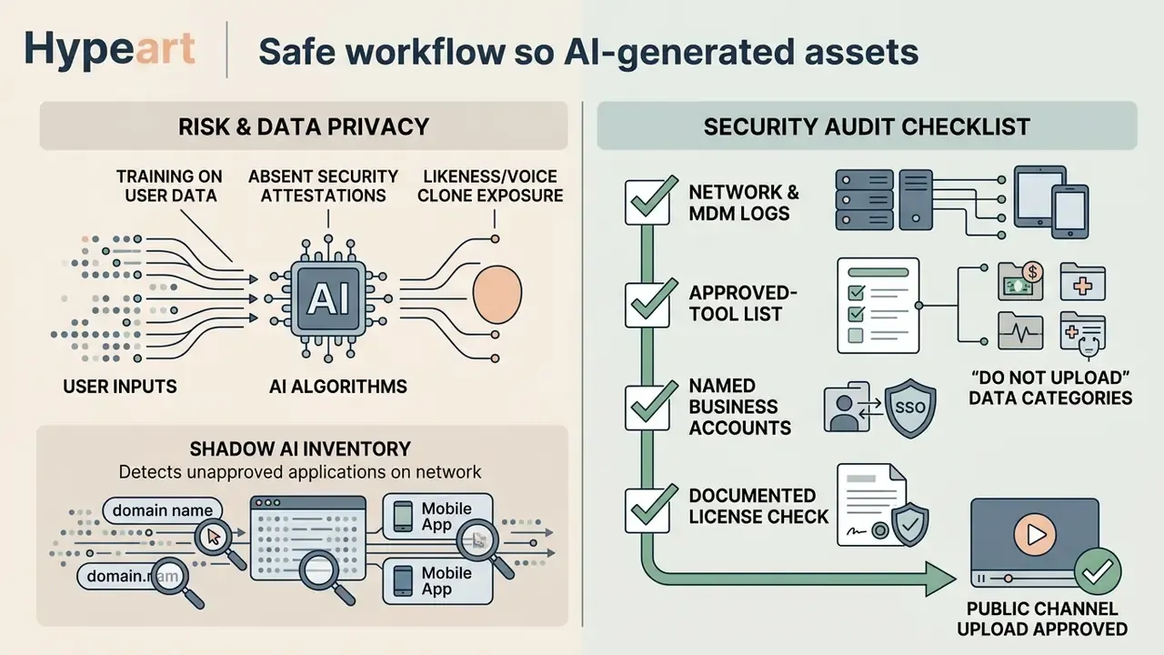 Diagram comparing AI data privacy risks with a security audit checklist for managing generative AI tools