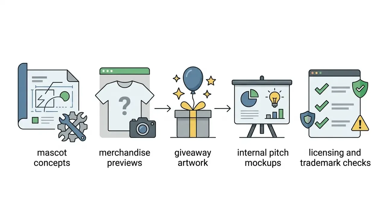 Icons representing mascot design, merchandise, giveaway assets, pitch presentations, and legal compliance