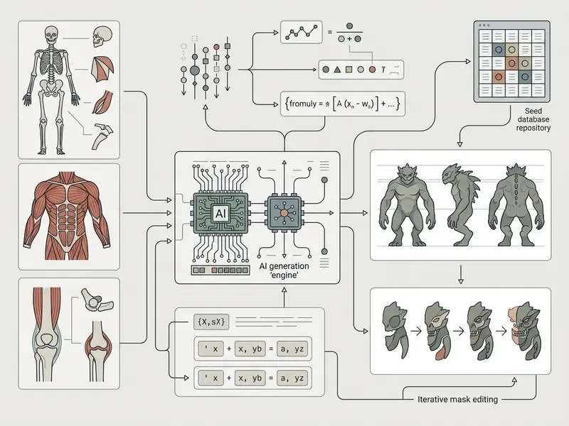 Technical diagram showing anatomical inputs feeding into an AI engine to produce creature turnarounds