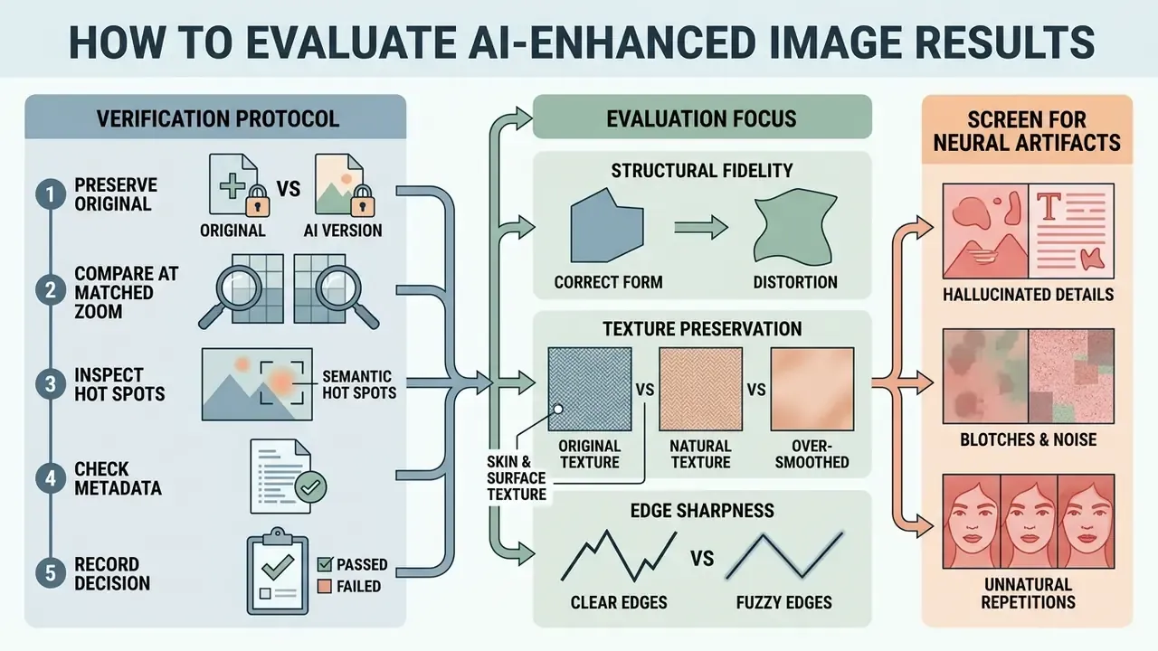 Flowchart outlining a verification protocol and evaluation criteria for checking AI image quality