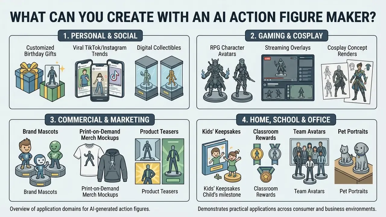 Grid layout showing four categories of uses for custom character designs in personal and professional contexts