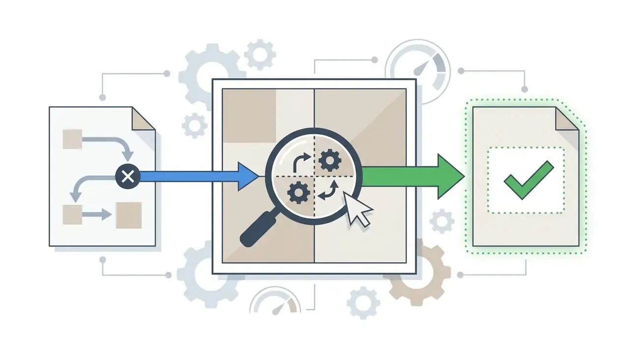 Magnifying glass inspecting a document flow to correct errors and produce a verified final output