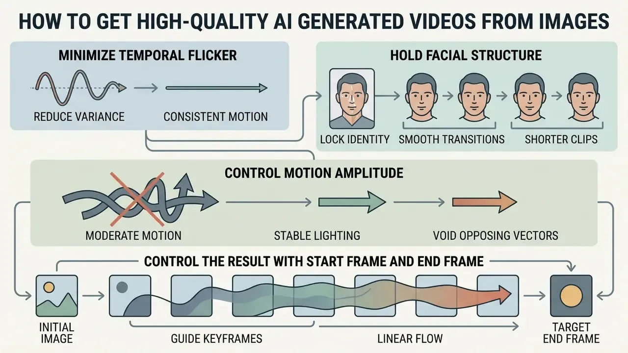 Infographic outlining techniques to minimize flicker, preserve facial structure, and control motion flow