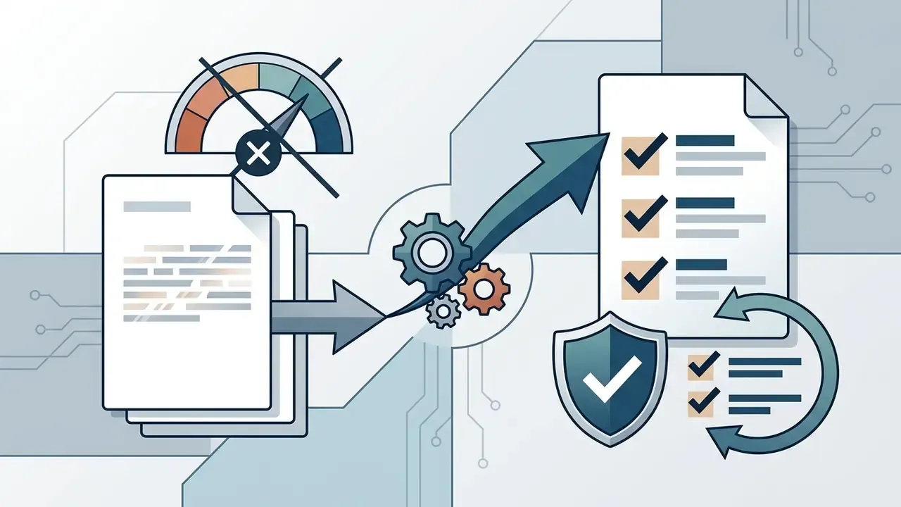Documents moving through gears and a shield to become a completed checklist with checkmarks