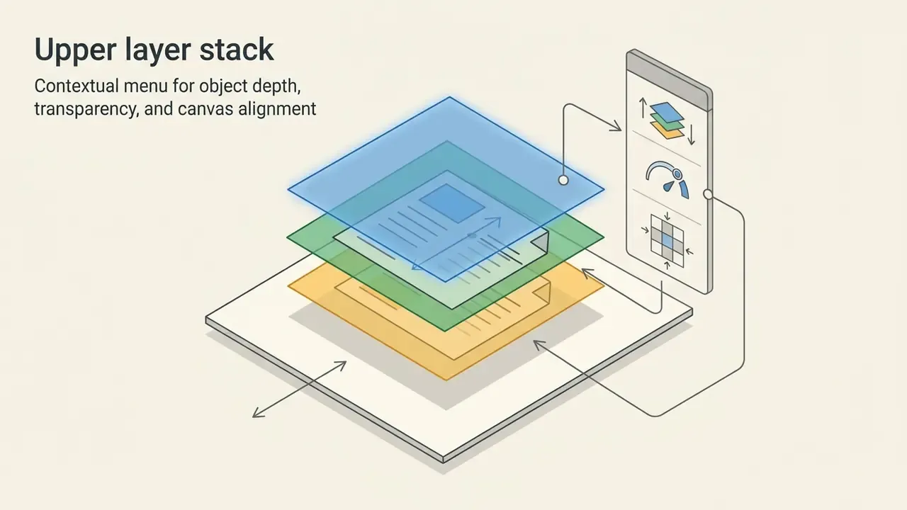 Stacked colored translucent squares connected to a vertical menu with depth and alignment controls